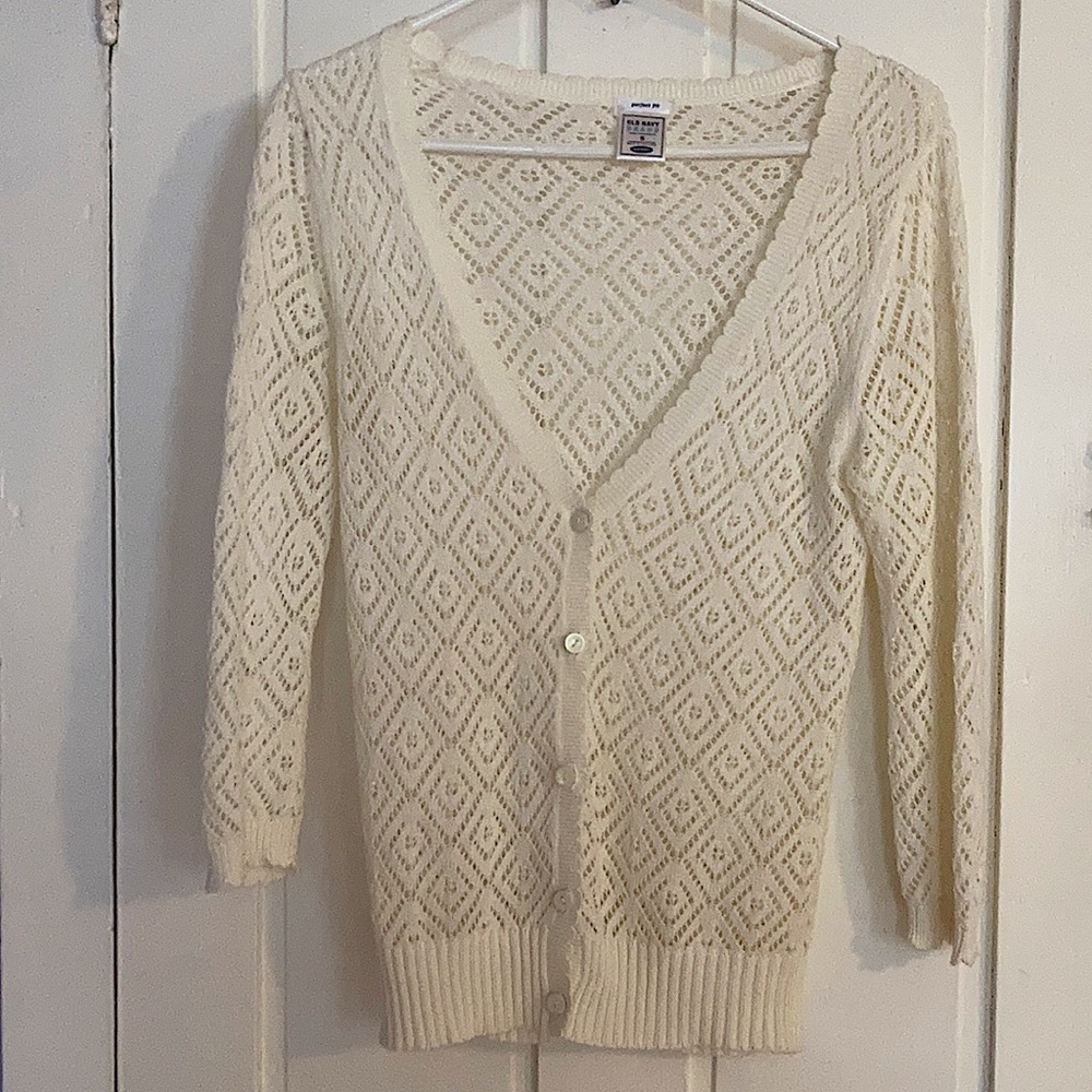 Light-Weight White Open-Weave V-Neck Sweater Sz S